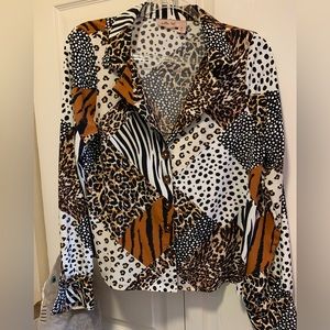 Mixed Animal Print Button-Front Blouse - White, Brown, Black